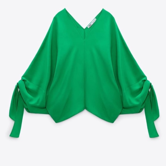 Zara Womens Blouse  V-neck  Vibrant Emerald Green Long Sleeve Size L Fairy - Picture 5 of 14